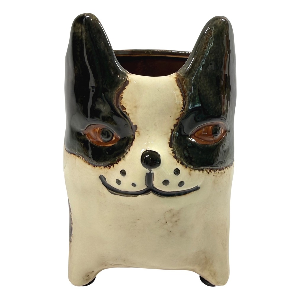 Boston Terrier French Bulldog Ceramic Planter Glossy Black Dog Vase Holder 6.5"